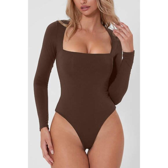 Women's Coffee Bean Square Neck Long Sleeve Double Lined Shirt Tops Bodysuit - Picture 4 of 6